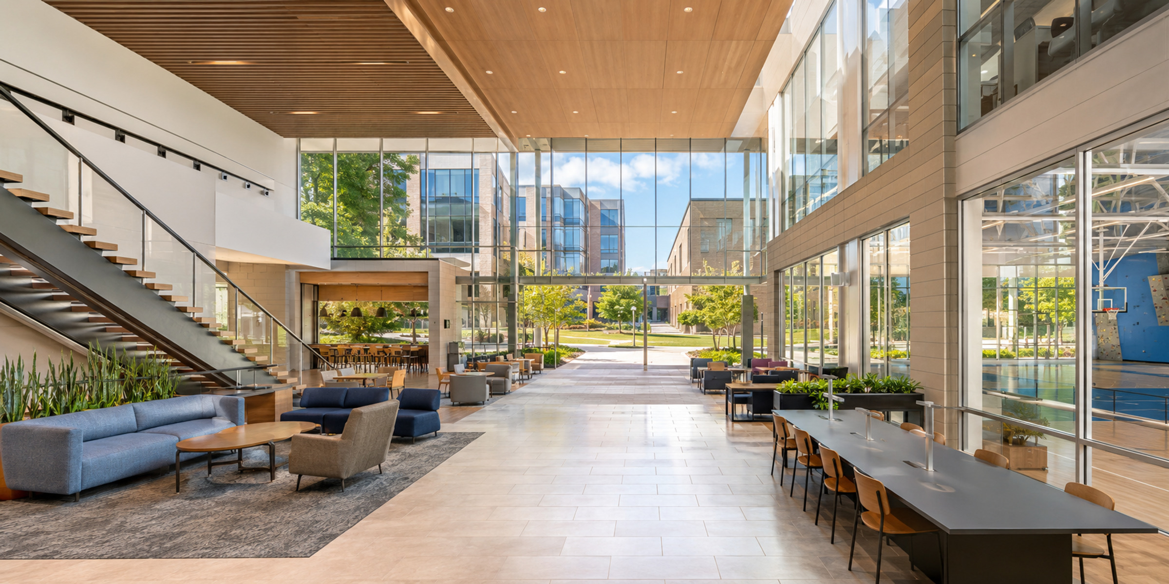 Modern university student-life hub connecting academic, dining and recreation spaces