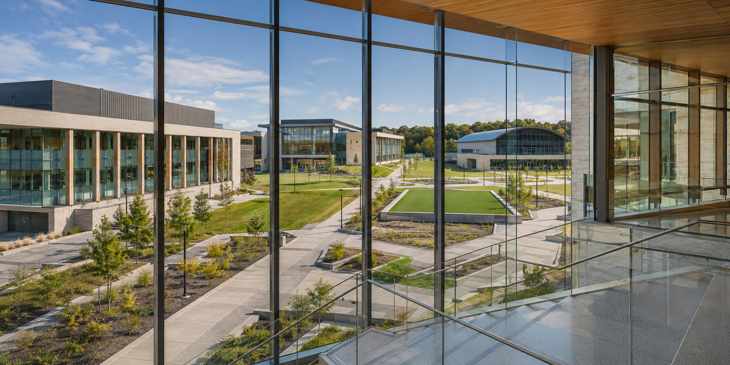 Connected modern university campus with academic, student-life and athletics buildings
