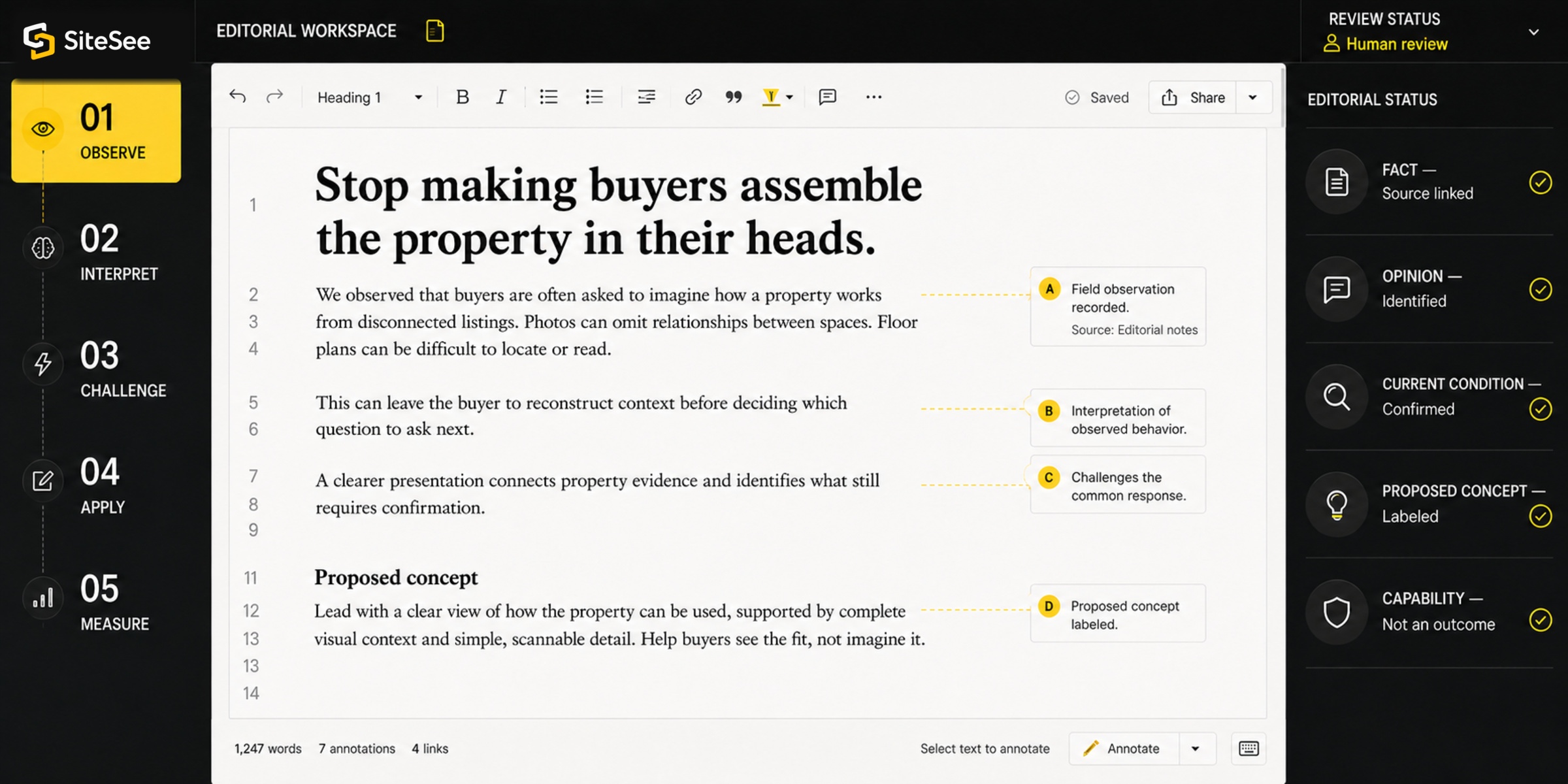 SiteSee editorial Workspace Status And Limits UI